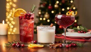 These Magical Non-Alcoholic Christmas Cocktails Will Make Everyone Feel Merry Three festive non-alcoholic Christmas cocktails on a dark wood table—cranberry-orange fizz with rosemary and cranberries, coconut-rimmed white mocktail with cinnamon stick, and pomegranate royale in a coupe—set against warm candlelight and blurred Christmas tree lights.