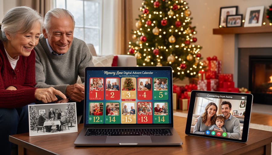 Vintage family photo album and tablet showing digital memory collage side by side