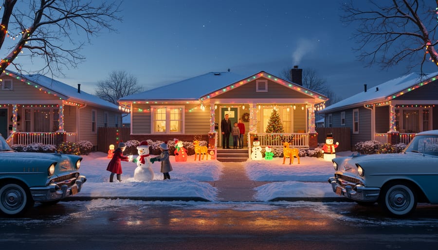 Colorful vintage Christmas lights glowing in home window during 1950s-era holiday season