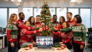 Diverse coworkers in red, green, and white sweaters gather around an office Christmas tree, smiling and raising mugs, with remote colleagues visible on a laptop in the front row; soft string lights, paper snowflakes, and frosted windows in the background.