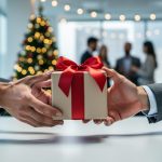 Eye-level close-up of two coworkers’ hands passing a small wrapped gift with a red ribbon across a modern office table, with holiday lights, a decorated tree, and mingling colleagues softly blurred in the background; cool gray office tones with warm red and gold accents; no visible logos or text.