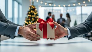 The Corporate Gift That Almost Ruined My Career (And What I Learned About Professional Giving) Eye-level close-up of two coworkers’ hands passing a small wrapped gift with a red ribbon across a modern office table, with holiday lights, a decorated tree, and mingling colleagues softly blurred in the background; cool gray office tones with warm red and gold accents; no visible logos or text.