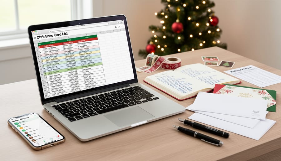 Organized workspace showing contact list, laptop, and Christmas card envelopes from overhead view