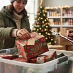 Volunteer hands place a wrapped Christmas gift with a blank tag into a donation bin at a community center, with other volunteers and a Christmas tree softly blurred in the background.