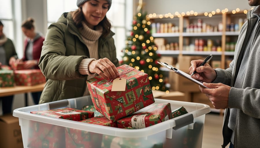 Volunteer hands place a wrapped Christmas gift with a blank tag into a donation bin at a community center, with other volunteers and a Christmas tree softly blurred in the background.