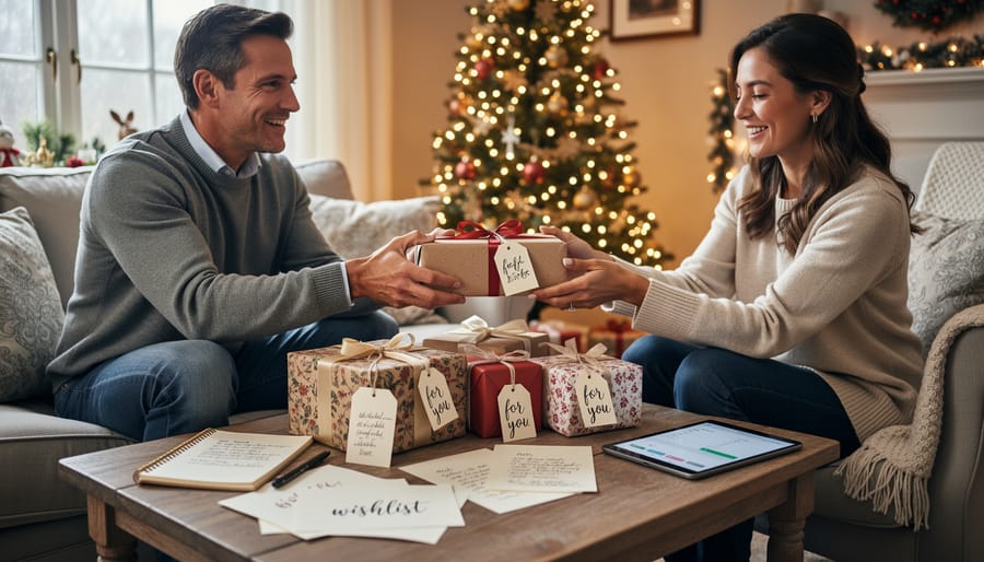 Overhead view of wrapped Christmas gifts with wish list cards and festive decorations on table