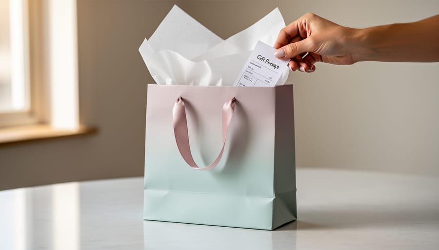 Hands placing gift receipt inside holiday gift bag with tissue paper