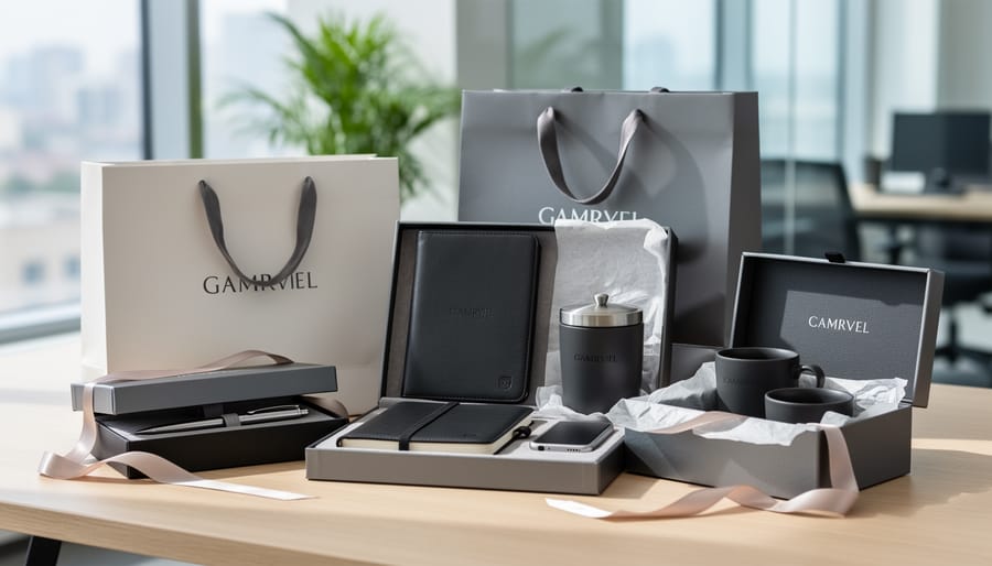 Elegantly wrapped corporate gift box with gold ribbon on wooden desk with business accessories