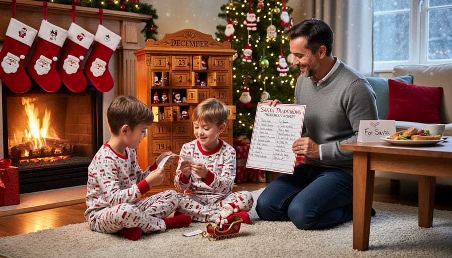 Child's hands holding letter to Santa beside Christmas cookies and elf figurine