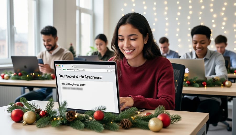 Person checking Secret Santa assignment notification on smartphone with festive background