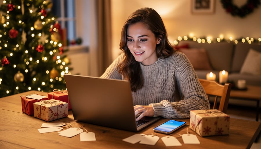 Person at a holiday-decorated table using a laptop to set up a Secret Santa, with small wrapped gifts and a smartphone nearby; blurred Christmas tree lights in the background.