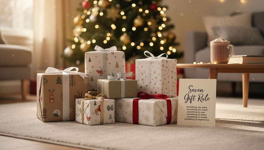 Seven beautifully wrapped Christmas presents arranged on wooden floor near decorated tree