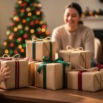 Seven simply wrapped Christmas gifts on a wooden coffee table, a child’s hands reaching for one, with a softly blurred Christmas tree and fireplace in the background under warm golden light