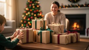 The 7 Gift Rule That Saves Your Budget and Creates More Joy This Christmas Seven simply wrapped Christmas gifts on a wooden coffee table, a child’s hands reaching for one, with a softly blurred Christmas tree and fireplace in the background under warm golden light