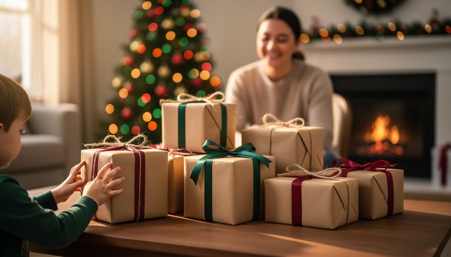 Seven simply wrapped Christmas gifts on a wooden coffee table, a child’s hands reaching for one, with a softly blurred Christmas tree and fireplace in the background under warm golden light