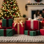 Seven neatly wrapped Christmas presents on a rug in front of a glowing tree with warm bokeh lights, foreground in sharp focus and a blurred family by the fireplace behind.