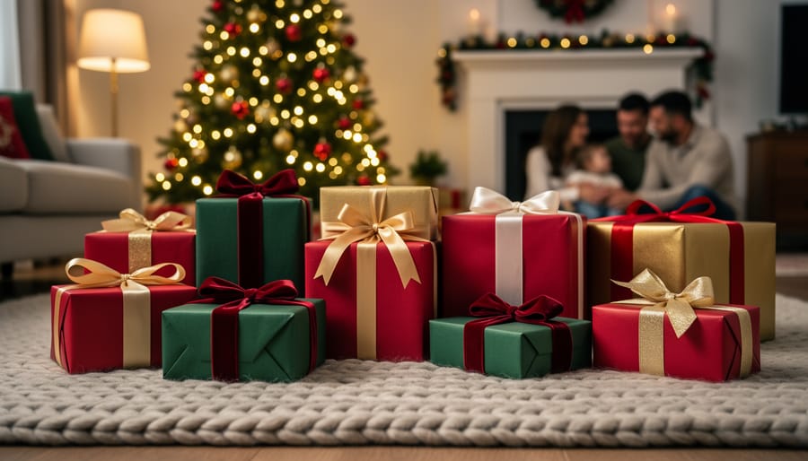 Seven neatly wrapped Christmas presents on a rug in front of a glowing tree with warm bokeh lights, foreground in sharp focus and a blurred family by the fireplace behind.