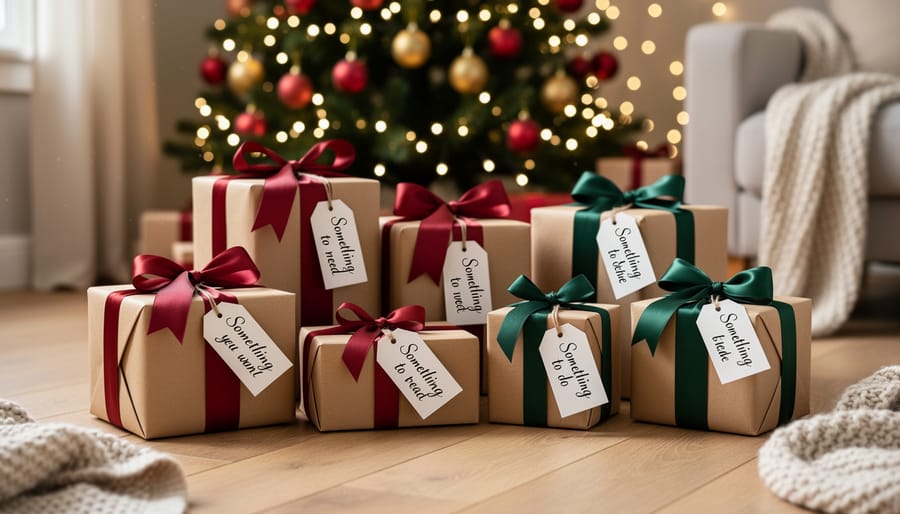 Seven wrapped Christmas presents of different sizes arranged near a decorated Christmas tree