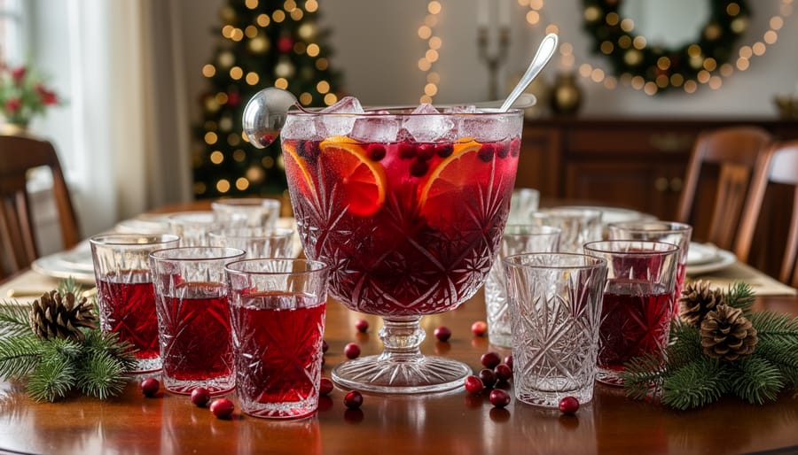 Crystal punch bowl filled with sparkling red cranberry mocktail punch with fruit garnishes