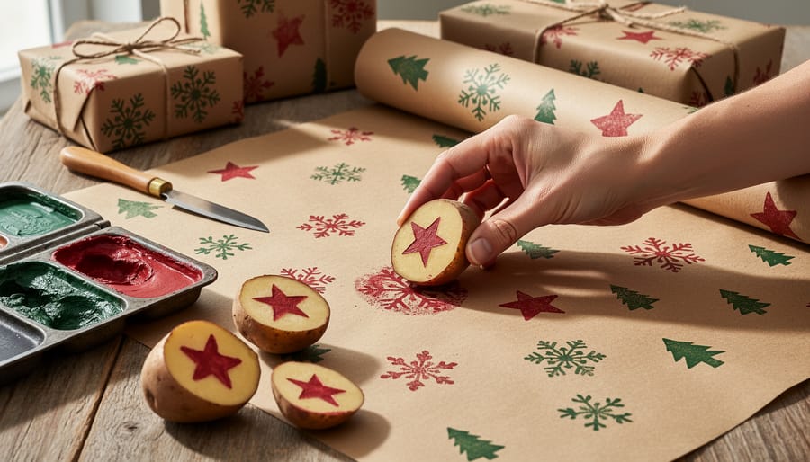 Close-up of hands using potato stamp to create snowflake pattern on brown kraft paper