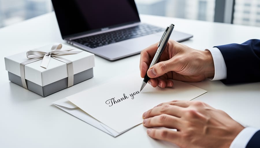 Business professional writing thank you note with fountain pen next to opened gift box