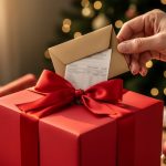 Hand placing a decorative envelope with an indistinct gift receipt into a red ribboned gift box, with blurred Christmas tree lights, ornaments, and wrapping paper in the background.