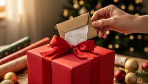 Why Gift Receipts Make You the Most Thoughtful Gift-Giver This Christmas Hand placing a decorative envelope with an indistinct gift receipt into a red ribboned gift box, with blurred Christmas tree lights, ornaments, and wrapping paper in the background.