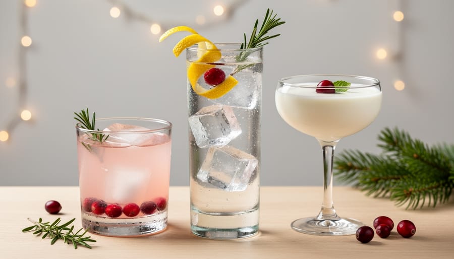 Overhead view of three Christmas cocktails with cranberries, pomegranate, and rosemary garnishes