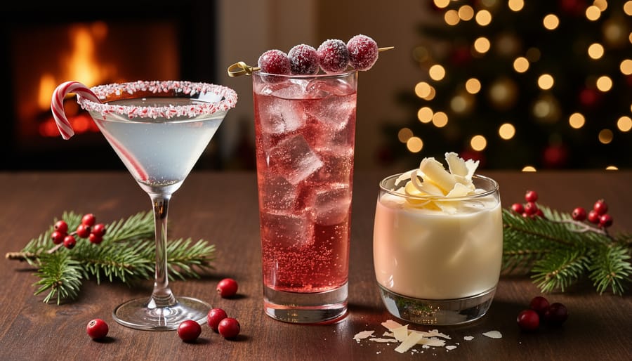 Trio of festive vodka cocktails—peppermint with a candy cane rim, sparkling cranberry with sugared cranberries, and creamy white chocolate with shaved curls—on a dark wooden table with evergreen sprigs and blurred Christmas lights in the background.