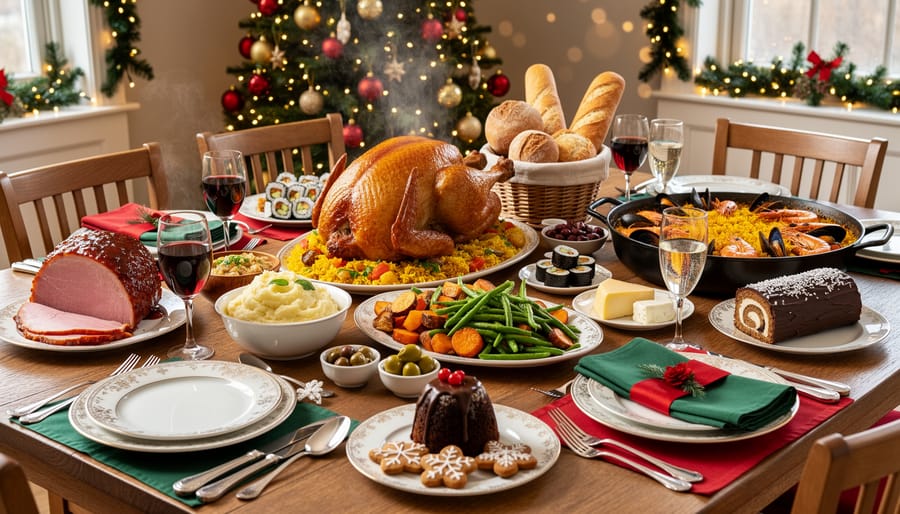 Overhead view of traditional Christmas feast with turkey, ham, and festive side dishes on decorated table