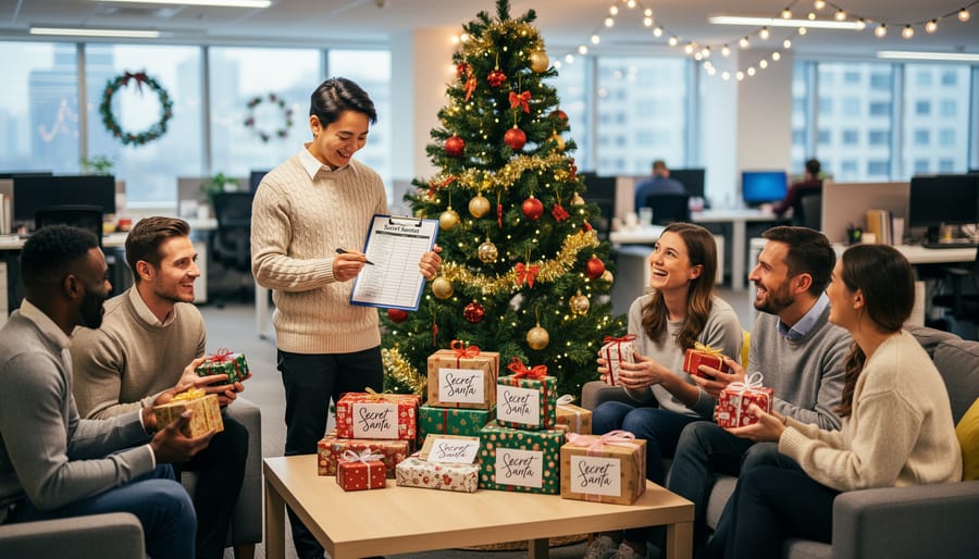 Group of coworkers exchanging wrapped gifts during office Secret Santa celebration