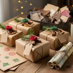 Upcycled gift-wrapping scene with brown paper stamped in red and green, twine-tied packages topped with pine sprigs, cinnamon sticks, dried orange slices, and fabric rosettes, plus rolled maps and translucent wax-paper tissue; blurred background includes bins of reclaimed materials and a steaming mug of cocoa.