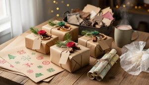 Turn Your Trash Into Treasure: A Magical Upcycled Gift Wrap Workshop Upcycled gift-wrapping scene with brown paper stamped in red and green, twine-tied packages topped with pine sprigs, cinnamon sticks, dried orange slices, and fabric rosettes, plus rolled maps and translucent wax-paper tissue; blurred background includes bins of reclaimed materials and a steaming mug of cocoa.
