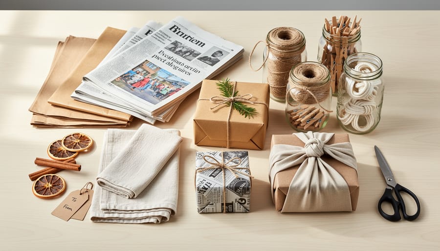 Overhead view of upcycling materials including paper, fabric, natural elements and craft supplies on wooden table