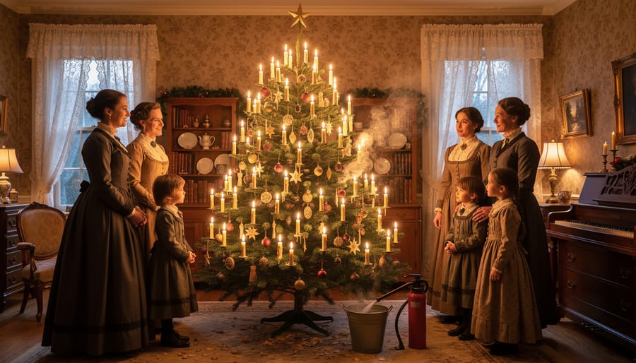 Victorian-era Christmas tree with lit candles on branches in period parlor setting