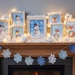 Straight-on photo of a living room mantel with small framed whimsical winter watercolor art—snowmen, snowflakes, and scarfed woodland animals—decorated with a paper snowflake garland, cotton-ball snow, and warm string lights; fireplace and frosty window softly blurred behind.