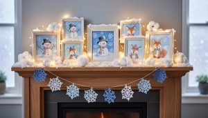 Transform Your Home Into a Whimsical Winter Wonderland With Enchanting Art Straight-on photo of a living room mantel with small framed whimsical winter watercolor art—snowmen, snowflakes, and scarfed woodland animals—decorated with a paper snowflake garland, cotton-ball snow, and warm string lights; fireplace and frosty window softly blurred behind.
