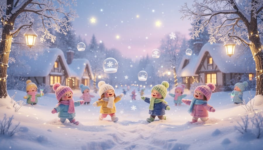 Whimsical watercolor winter painting with snowflakes, characters, and soft pastel colors on wooden table