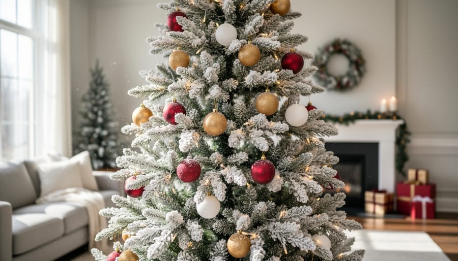 Close-up of Christmas tree branch covered in white flocking material resembling fresh snow