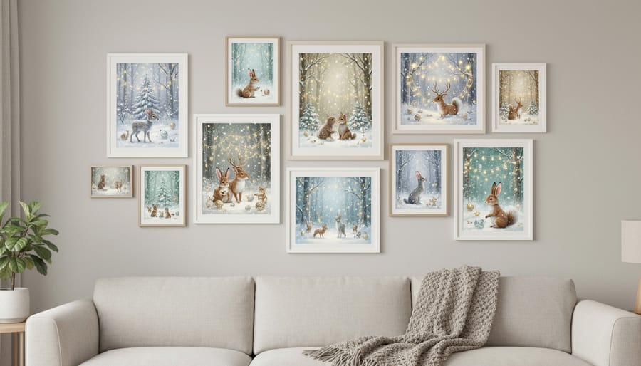 Gallery wall displaying collection of whimsical winter art pieces in coordinated blue and silver tones
