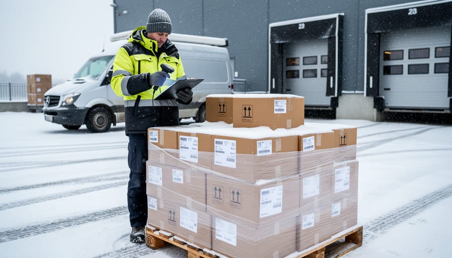 Gift package delivered to snowy doorstep during winter weather conditions