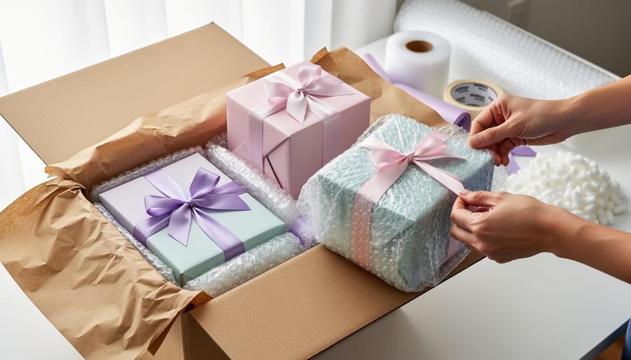 Hands wrapping a delicate glass ornament in protective bubble wrap inside a shipping box