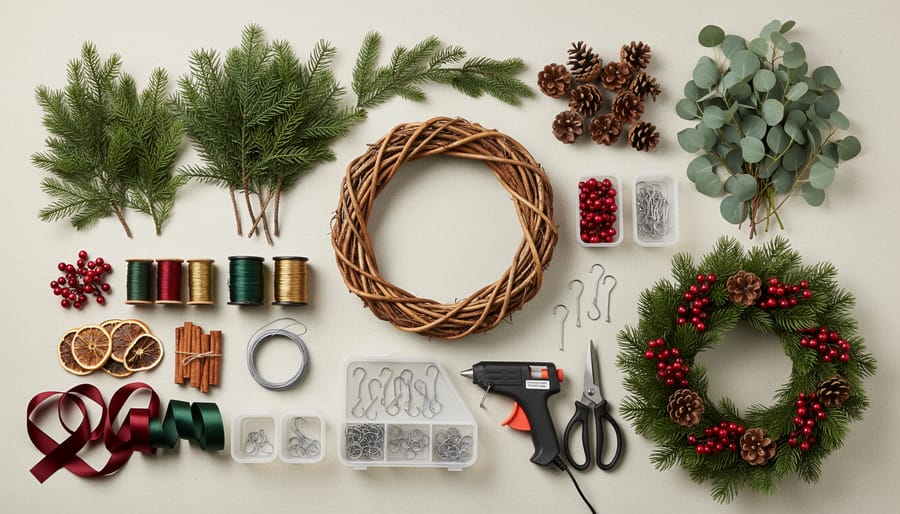 Overhead view of wreath-making supplies including wire frame, pine branches, ribbon, and tools on white wooden table