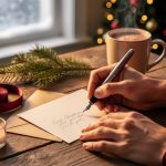 Close-up, 45-degree view of hands writing a Christmas card with a fountain pen on a wooden table, surrounded by pine sprigs, ribbon, kraft envelope, candle, and a steaming mug of cocoa; blurred Christmas tree lights and a snowy window in the background.