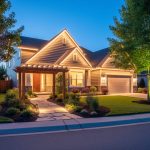 Modern home at blue hour with warm white LED track lights under the eaves, subtle color accents on trees and a pergola, and an illuminated garden path, with softly blurred neighboring houses and trees in the background.