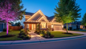 Modern home at blue hour with warm white LED track lights under the eaves, subtle color accents on trees and a pergola, and an illuminated garden path, with softly blurred neighboring houses and trees in the background.