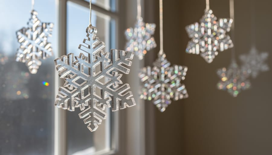 Clear acrylic laser-cut snowflake ornaments hanging and refracting rainbow light