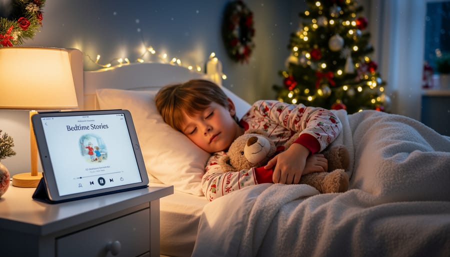 Child's cozy bedroom at night with string lights and audiobook playing on nightstand