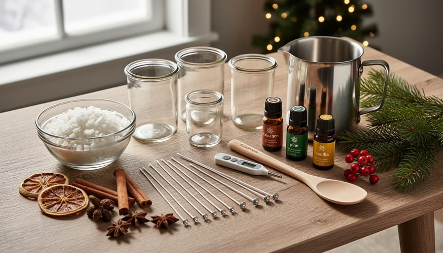 Overhead view of candle-making materials including wax, wicks, containers, and essential oils on wooden table