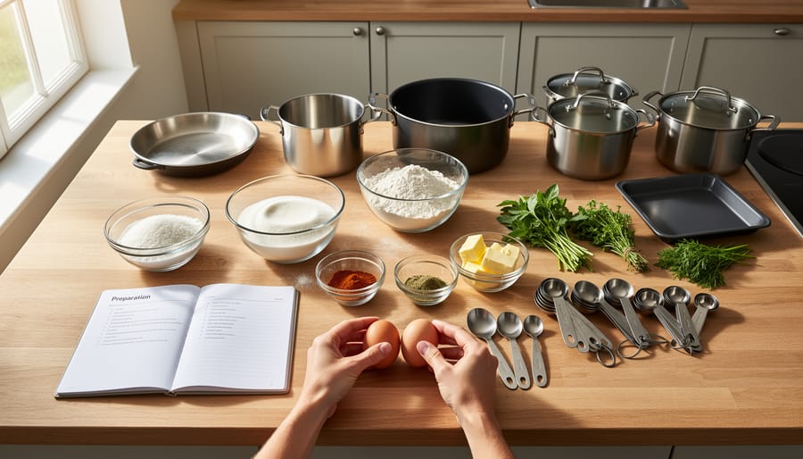 Overhead view of charcuterie ingredients and tiered stand materials laid out for Christmas tree assembly